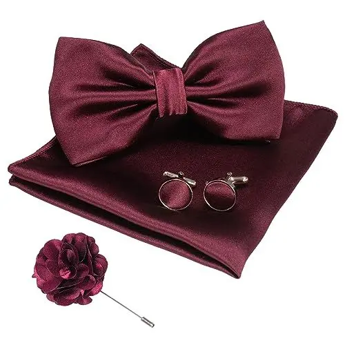 Produktbild: JEMYGINS Herren Fliege Satin Kastanienbraun (7) Fliege und Einstecktuch mit Manschettenknöpfe Brustblume Sets