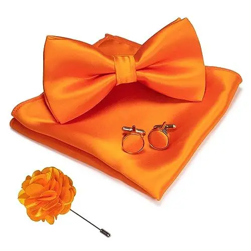 Produktbild: JEMYGINS Herren Fliege Satin Orange (6) Fliege und Einstecktuch mit Manschettenknöpfe Brustblume Sets