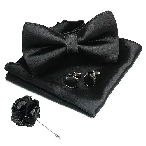 Produktbild: JEMYGINS Herren Fliege Satin Schwarz (6) Fliege und Einstecktuch mit Manschettenknöpfe Brustblume Sets