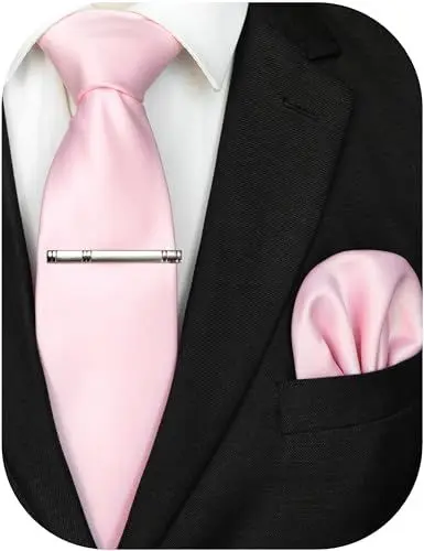 Produktbild: JEMYGINS Herren Krawatte mit Matte Oberfläche inklusive Einstecktuch und Krawattenklammer Set in verschiedenen Farben,Hell-Pink