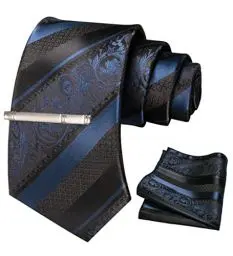 Produktbild: JEMYGINS Herren Krawatten Set mit gemischtem Rosen und Streifenmuster inklusive Krawattenklammer und Taschentuch Navy blau