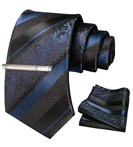 Produktbild: JEMYGINS Herren Krawatten Set mit gemischtem Rosen und Streifenmuster inklusive Krawattenklammer und Taschentuch Navy blau