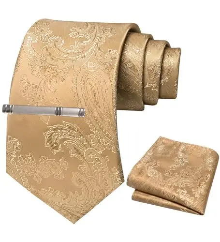 Produktbild: JEMYGINS Herren Paisley Krawatten set mit Krawattenklammer und Einstecktuch,Creme farben
