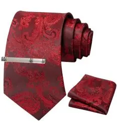 Produktbild: JEMYGINS Herren Paisley Krawatten set mit Krawattenklammer und Einstecktuch,Rosen Rumba Rot