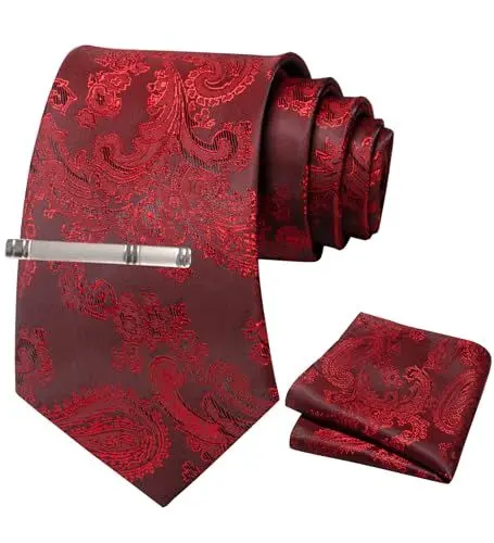 Produktbild: JEMYGINS Herren Paisley Krawatten set mit Krawattenklammer und Einstecktuch,Rosen Rumba Rot