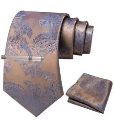 Produktbild: JEMYGINS Herren Paisley Krawatten set mit Krawattenklammer und Einstecktuch,Teebraune Latte-Farbe
