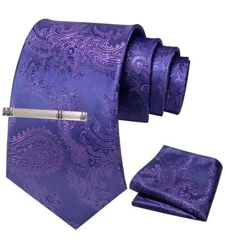 Produktbild: JEMYGINS Herren Paisley Krawatten set mit Krawattenklammer und Einstecktuch,Traubenblau, tiefes Violett