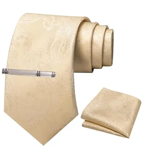 Produktbild: JEMYGINS Herren Paisley Krawatten set mit Krawattenklammer und Einstecktuch,Weizenfarbe. Mattierte Mandelfarbe