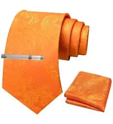 Produktbild: JEMYGINS Herren Paisley Krawatten set mit Krawattenklammer und Einstecktuch,orange Farbe