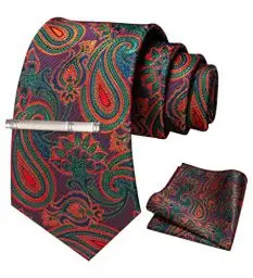 Produktbild: JEMYGINS Krawatte Herren Gestreifte Karierte Krawatte Inklusive Einstecktuch Krawattenklammer Set rot blau grün Paisley 50