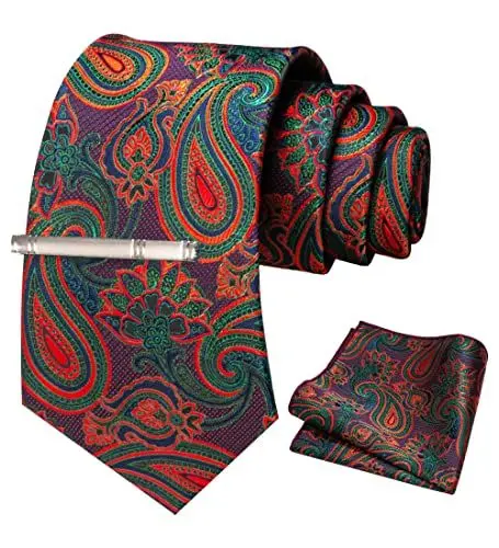 Produktbild: JEMYGINS Krawatte Herren Gestreifte Karierte Krawatte Inklusive Einstecktuch Krawattenklammer Set rot blau grün Paisley 50