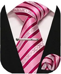 Produktbild: JEMYGINS Krawatte Herren Gestreifte Karierte Krawatte Rosa Streifen Inklusive Einstecktuch Krawattenklammer Set