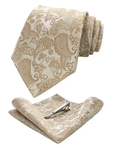 Produktbild: JEMYGINS Paisley Herren-Krawatte aus Seide und Krawattenklammern und quadratischer Taschentuch-Set mit Box, Gold2
