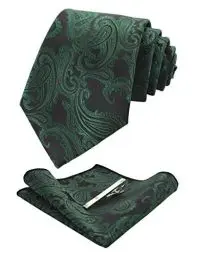 Produktbild: JEMYGINS Graziös Paisley Elegant Herren Krawatte und Einstecktuch mit krawattenklammer Sets (Dunkelgrün2)