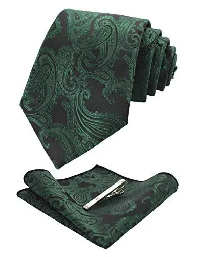 Produktbild: JEMYGINS Graziös Paisley Elegant Herren Krawatte und Einstecktuch mit krawattenklammer Sets (Dunkelgrün2)