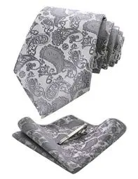 Produktbild: JEMYGINS Silber krawatte Paisley Herren Krawatten und Einstecktuch mit krawattenklammer Sets (3)