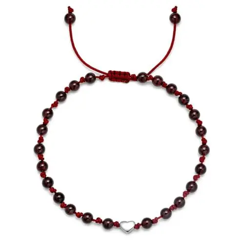 Produktbild: JENDEAR Damen Fußkette mit Granatstein, Herzform-Anhänger, Schwarzem Geflochtenem Seil, 18K Vergoldet, 925er Silber Fußkettchen, im Boho-Stil
