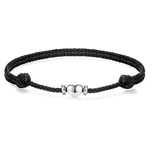 Produktbild: J.Endéar Fußkettchen Herz Silber 925 Damen Mädchen, Liebe Geschenk Geflochtene Seil Fußkettchen 32cm verstellbar Handmade Schwarz