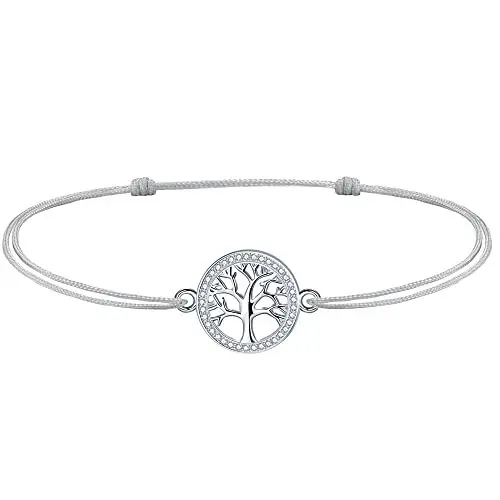Produktbild: J.Endéar Fußkettchen Lebensbaum Damen Mädchen Silber 925 mit Zirkonia, 37cm Verstellbares Seil Fußkettchen Geschenk Handarbeit, Grau