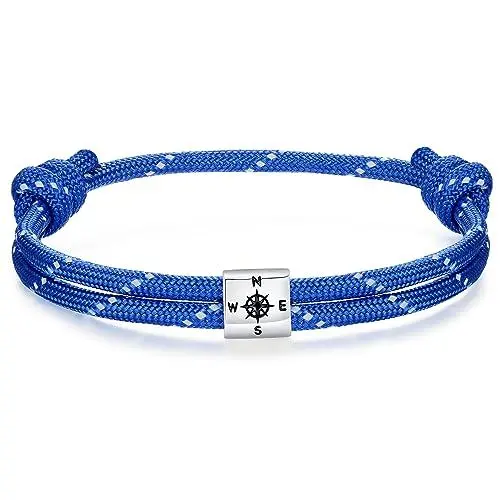 Produktbild: J.Endéar Kompass Nautische Paracord Armband für Herren, Silber 925 Handgefertigtes Seil Unisex Armband Surfer Sommer Strand Schmuck Partner Freundschaft Geschenk, Blau