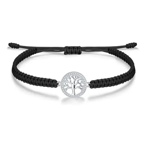 Produktbild: J.Endéar Lebensbaum Armband für Damen Mädchen Schmuck Silber 925 mit Zirkon, Handgefertigtes Geflochtenes Armband Verstellbar, Schwarz