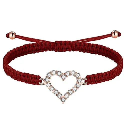 Produktbild: J.Endéar Mehrfarbiger Herz Armband für Damen Frauen 925 Sterling Silber Roségold Geflochtenes Zirkonia Armband Zeichenfolge Faden Armband Verstellbarer Seil Kette, Kastanienbraun