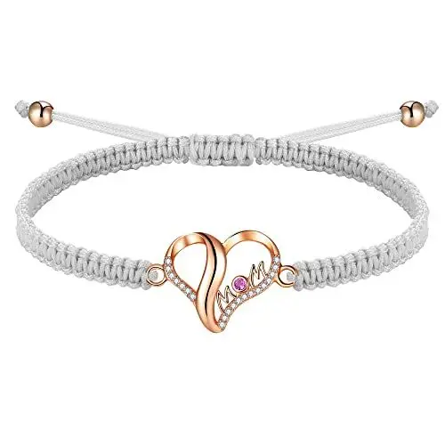 Produktbild: J.Endéar Mutter Herz Roségold Armband für Damen Silber 925, Kordel Seil Verstellbares Handgefertigt Geflochtene Armband Rot Cubic Zirkonia Schmuck Mama Geschenk, Grau