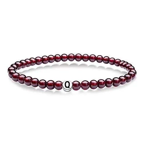 Produktbild: J.Endéar Partnerarmband, Armband mit Buchstaben Edelstein Armband, 5mm Red Natural Granat Freundschaft Armband, Silber Buchstabe Elastische Perlen Armbänder
