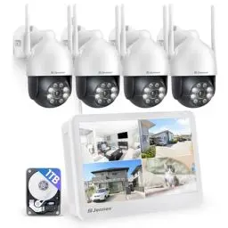 Produktbild: Jennov Überwachungskamera Set Aussen WLAN mit 10''Monitor 10CH Wireless NVR, 4 Pcs 5MP 360° PTZ WiFi Kameras mit 2 Wege Audio, Spotlight Alarm, Farbe Nachtsicht, Automatische Verfolgung, 1TB HDD