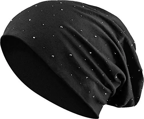 Produktbild: Jersey Baumwolle elastisches Long Slouch Beanie Unisex Herren Damen mit Strass Stern Steinen Mütze Heather in 35 (7) (Black)