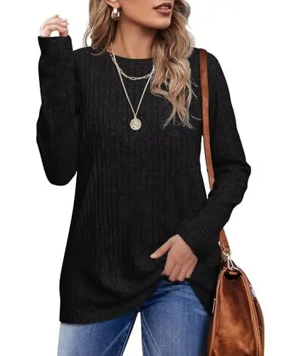 Produktbild: Jescakoo Damen Pullover Casual Rundhals Langarmshirt Leichtes Herbst Strickpullover Winer Oberteile Schwarz L