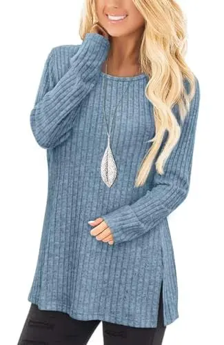 Produktbild: Jescakoo Damen Pullover Herbst Rundhals Langarmshirt Leichtes Oversize Sweatshirt Elegant Winter Strickpullover Blau XXL