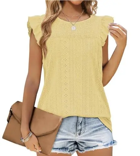 Produktbild: Jescakoo Tank Top Damen Ärmellos mit Rüschen Kurzarm Ösenstoff Top Damen Elegant Oberteile Sommer Rundhals Ausschnitt Bluse Damen 2024 Gelb M