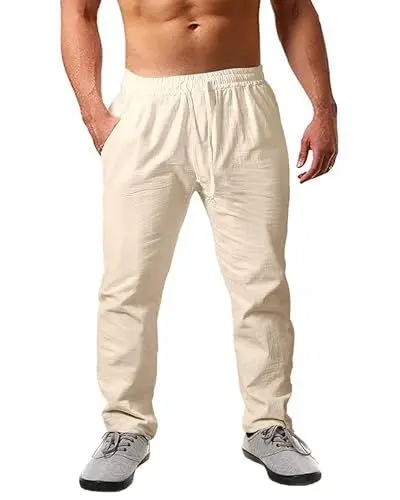 Produktbild: JESDM Herren Leinen Hose Regular Fit Bequeme Strandhose Sommer Freizeithose Khaki XL