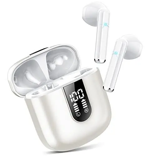 Produktbild: Jesebang Bluetooth Kopfhörer In Ear, Kopfhörer Kabellos Bluetooth 5.3, Ultraleicht Ohrhörer mit HD Mikrofon, Herausragender Sound Musik Streaming bis zu 30 Stunden, LED-Anzeige, IP7 Wasserdicht, Weiß