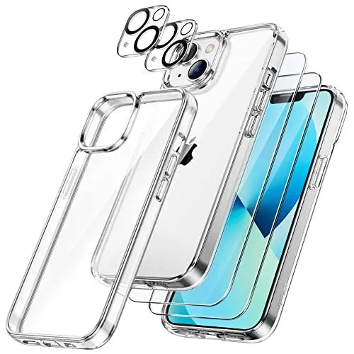 Produktbild: JETech 5 in 1 Hülle für iPhone 13 6,1 Zoll, 2 Schutzfolie und 2 Kameraschutz, Nie Vergilbung, Full Screen Panzer Schutz Glas Folie Displayschutz Kamera, Stoßfest Handyhülle (Durchsichtig)