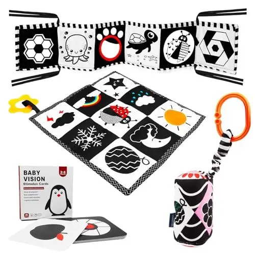 Produktbild: JETOP Kontrast Spielzeug Baby Schwarz Weiss Spielzeug Baby Neugeborene Rassel Kontrastkarten Kontrastbuch Baby Spiegel hängende Kinderwagen Spielzeug Sensorik Geschenksets ab Babys 0-3-6-9-12 Monate