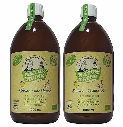 Produktbild: Jetzt 1 Liter! OHNE Konservierungsstoffe! 2 x Renates NaturTrunk Zitrone + Knoblauch, 2 x 1000ml Glasflasche, PZN 04712890, DE-ÖKO-006, handwerklich hergestellt in kleinen Stückzahlen.