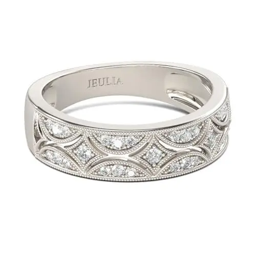 Produktbild: Jeulia 925 Sterling Silber Ringe Milgrain Rundschliff Damen Band Jubiläum Versprechen Ringe mit Schmuckschatulle für Sie Frauen Mädchen (Silber, 62(19.8))