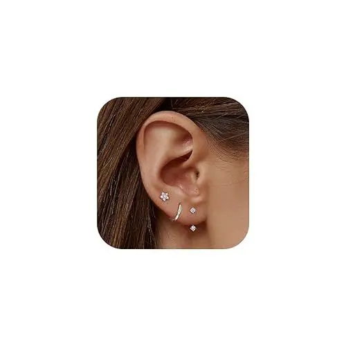 Produktbild: JeweBella 3 Paar Ohrringe Silber 925 Set für Damen 14 Karat Vergoldet Kleine Ohrstecker Silber 925 Set Stapelbar Zirkonia Ohrstecker Creolen Ohrringe Set für Mehrere Piercings