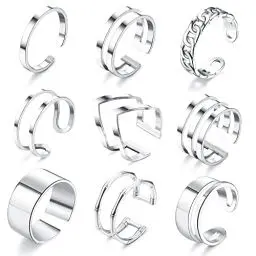 Produktbild: JeweBella 9 Stücke Ringe Set für Damen Mädchen Edelstahl Offene Ring Silber Boho Knöchel Finger Stapelbare Ring