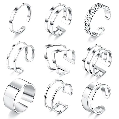 Produktbild: JeweBella 9 Stücke Ringe Set für Damen Mädchen Edelstahl Offene Ring Silber Boho Knöchel Finger Stapelbare Ring