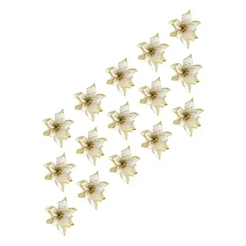 Produktbild: JEWEDECO 15St Weihnachtsblume Weihnachtssterne Ornamente künstliche Glitzerblumen Krippendekor künstliche blüten Artificial Simulationsblume Weihnachtslayout Plastik Golden