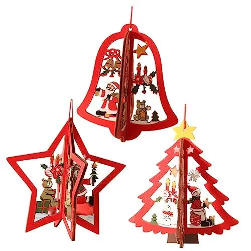 Produktbild: JEWEDECO Elegantes Christbaumkugeln-Set 3 Holzanhänger Weihnachtsbaum-Hängedekoration