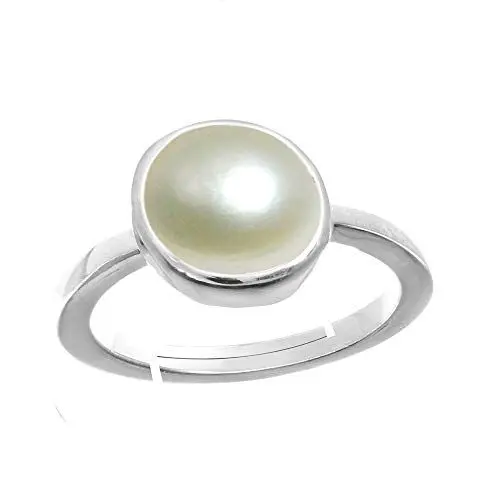 Produktbild: Jewelryonclick Natürlicher versilberter Einstellbarer Ring Weiß Perle Steinring Runde Form Cabochon Schnitt in Größe 56.3 bis 69,7 für Männer & Frauen