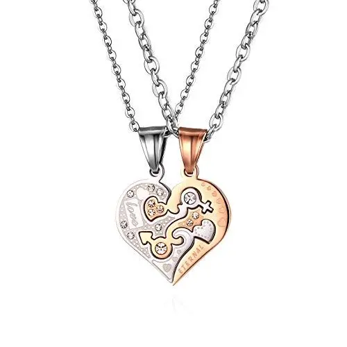 Produktbild: JewelryWe 2 Freundschaftsketten, Edelstahl Love Eternal Geschlecht Symbol Herz Partner Anhänger mit 45cm 55cm Ketten, Paare Halsketten für Herren Damen, Rosegold Silber
