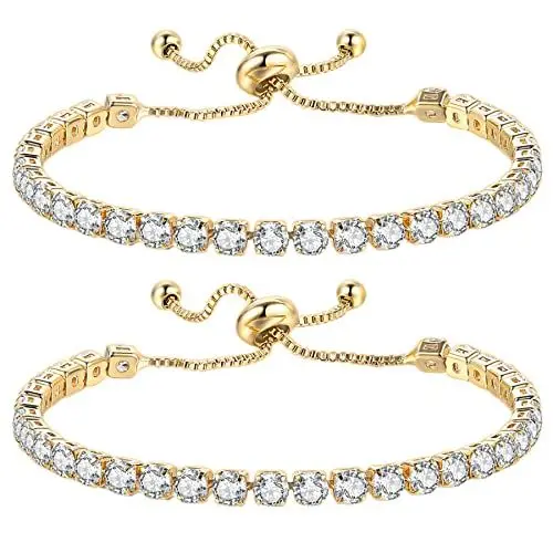 Produktbild: JewelryWe 2 Stück Armband Damen mit Zirkonia Steinchen, Tennisarmband Armkette Armreif Armschmuck Geschenk für Mutter, Freundin Verstellbar Gold