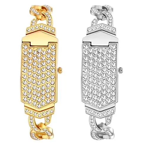 Produktbild: JewelryWe 2pcs Damenuhr Elegant Analog Quarz Armbanduhr 30m wasserdichte Strass Rechteckig Beiläufige Damen Uhr mit Großer Panzerkette Metall-Armband Gold/Silber