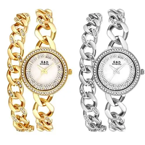 Produktbild: JewelryWe 2pcs Damenuhr Elegant Analog Quarz Armbanduhr 30m wasserdichte Strass Runde Beiläufige Damen Uhr mit Doppelt Panzerkette Metall-Armband und Leuchtend Zeiger Gold/Silber
