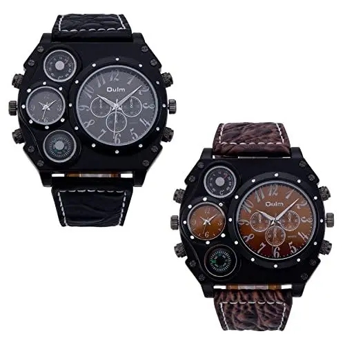 Produktbild: JewelryWe 2pcs Herren Armbanduhr Analog Quarz Kompass Thermometer Zwei Zeitzonen Sport Uhr mit Schwarz Braun Leder Armband und großem Digital Zifferblatt, Schwarz Gehäuse